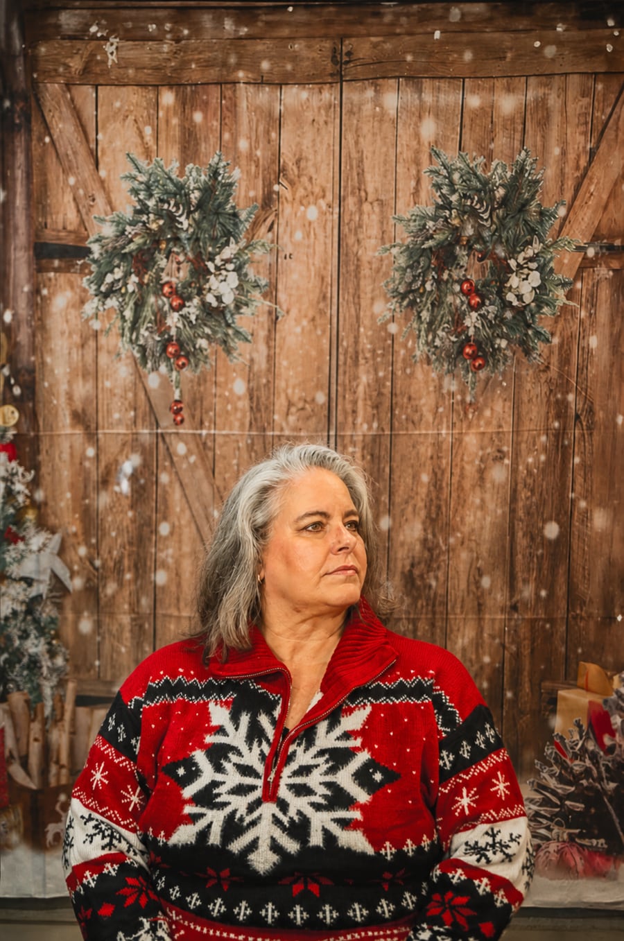 Tammy wearing a festive holiday sweater